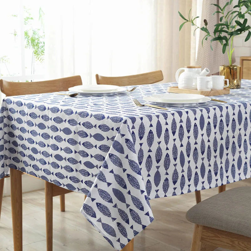 Cotton Linen Tablecloth, Blue Fish Print, Washable, 60x84 Inches, Ideal for Weddings and Tea Tables 1