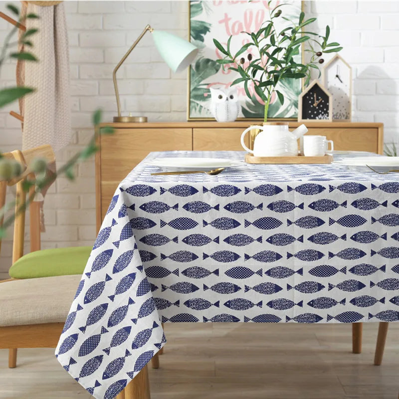 Cotton Linen Tablecloth, Blue Fish Print, Washable, 60x84 Inches, Ideal for Weddings and Tea Tables 2