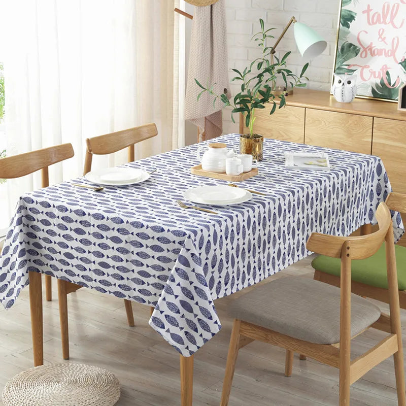 Cotton Linen Tablecloth, Blue Fish Print, Washable, 60x84 Inches, Ideal for Weddings and Tea Tables 3