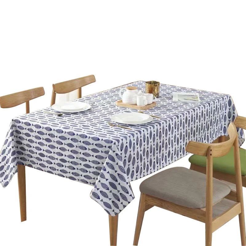 Cotton Linen Tablecloth, Blue Fish Print, Washable, 60x84 Inches, Ideal for Weddings and Tea Tables 4