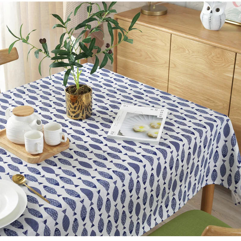 Cotton Linen Tablecloth, Blue Fish Print, Washable, 60x84 Inches, Ideal for Weddings and Tea Tables 5