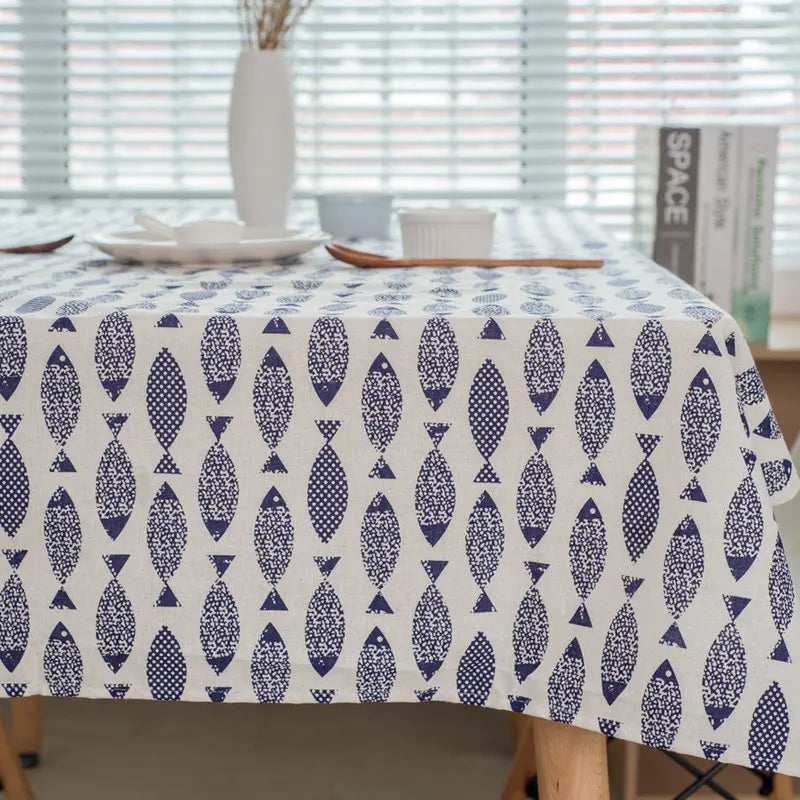 Cotton Linen Tablecloth, Blue Fish Print, Washable, 60x84 Inches, Ideal for Weddings and Tea Tables 6