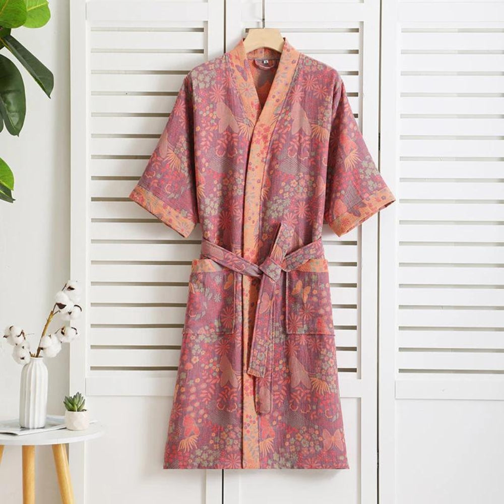 Cotton bathrobe – Lightweight double mesh – Vintage print – Elegant mens or womens robe for cozy homewear 0