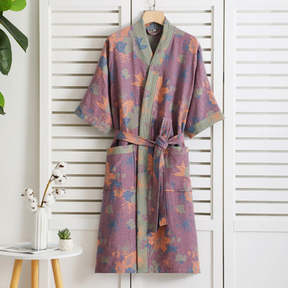 Cotton bathrobe – Lightweight double mesh – Vintage print – Elegant mens or womens robe for cozy homewear 1