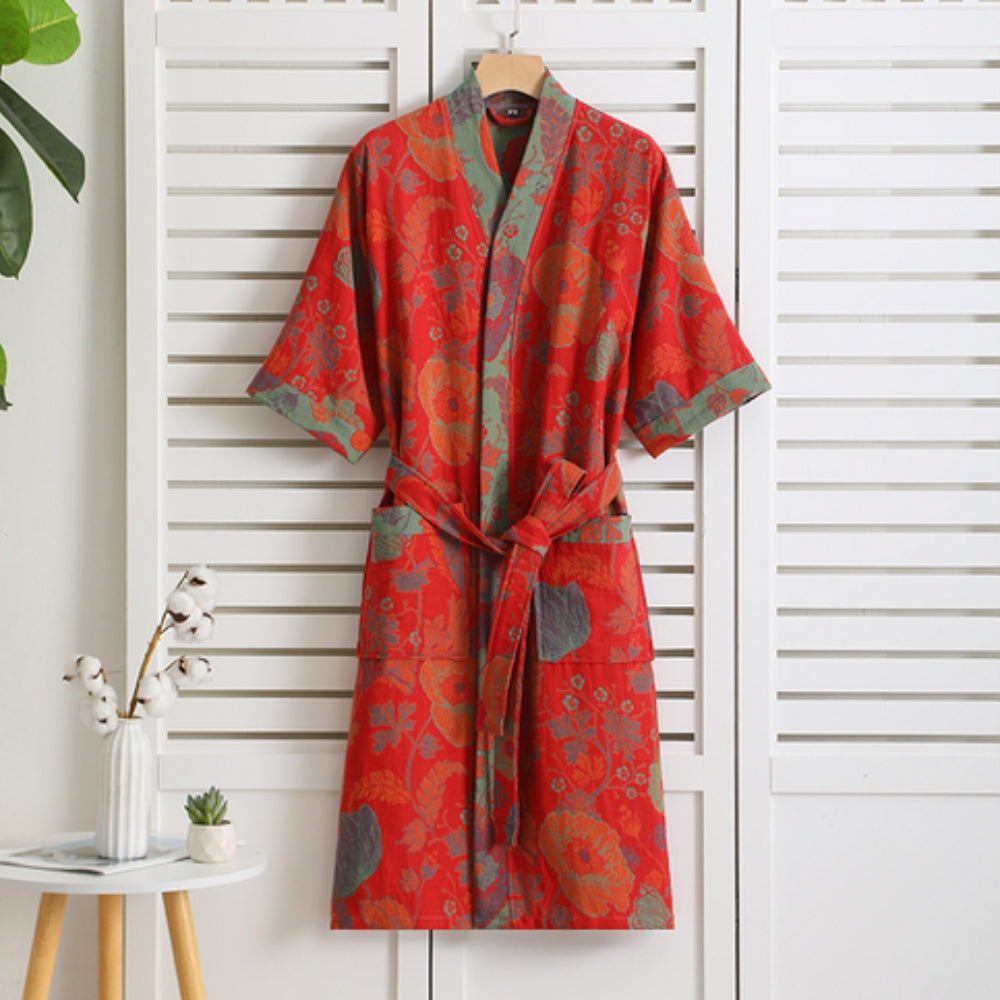Cotton bathrobe – Lightweight double mesh – Vintage print – Elegant mens or womens robe for cozy homewear 2