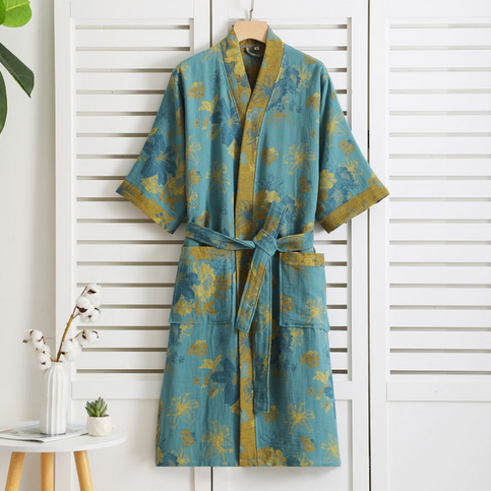 Cotton bathrobe – Lightweight double mesh – Vintage print – Elegant mens or womens robe for cozy homewear 3