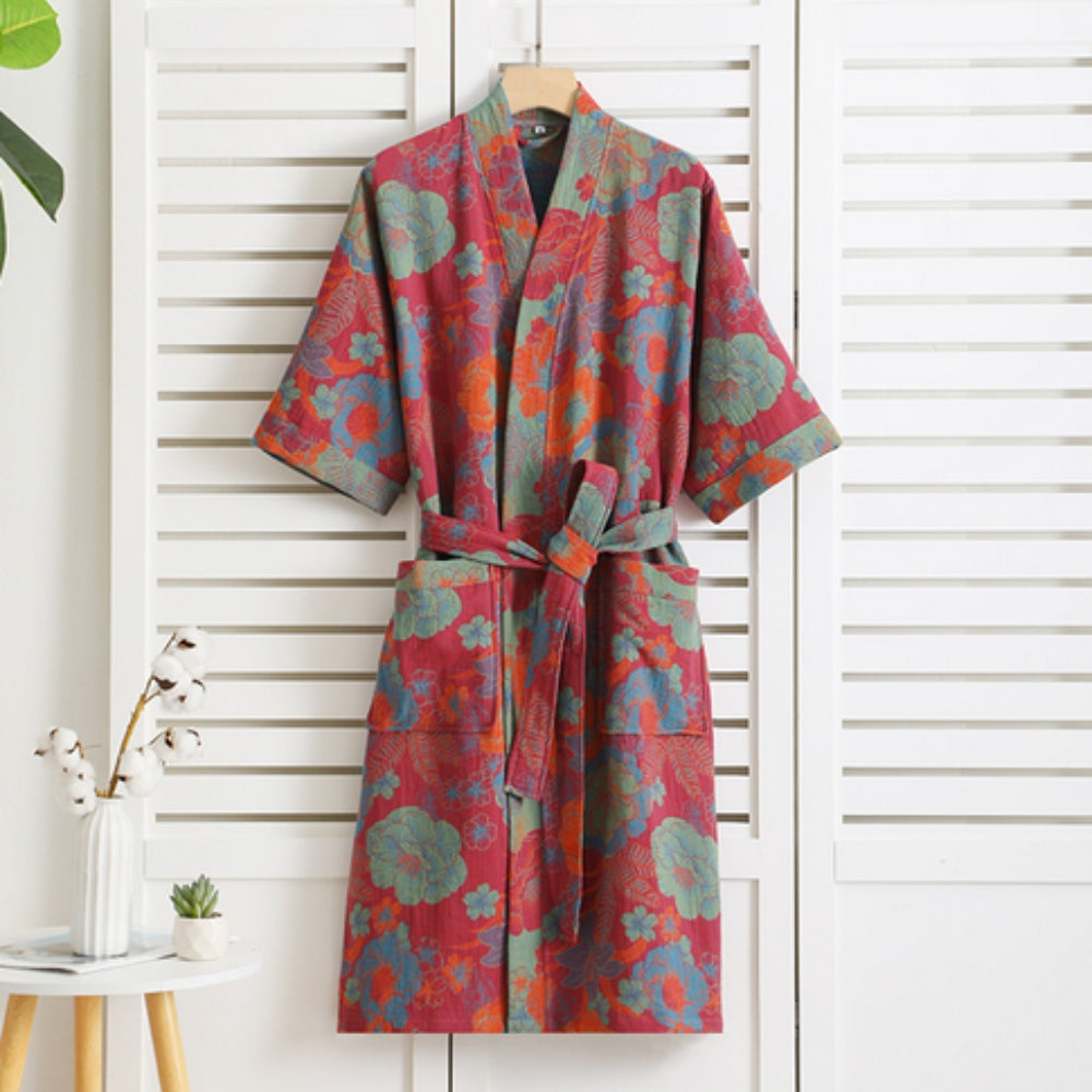 Cotton bathrobe – Lightweight double mesh – Vintage print – Elegant mens or womens robe for cozy homewear 4
