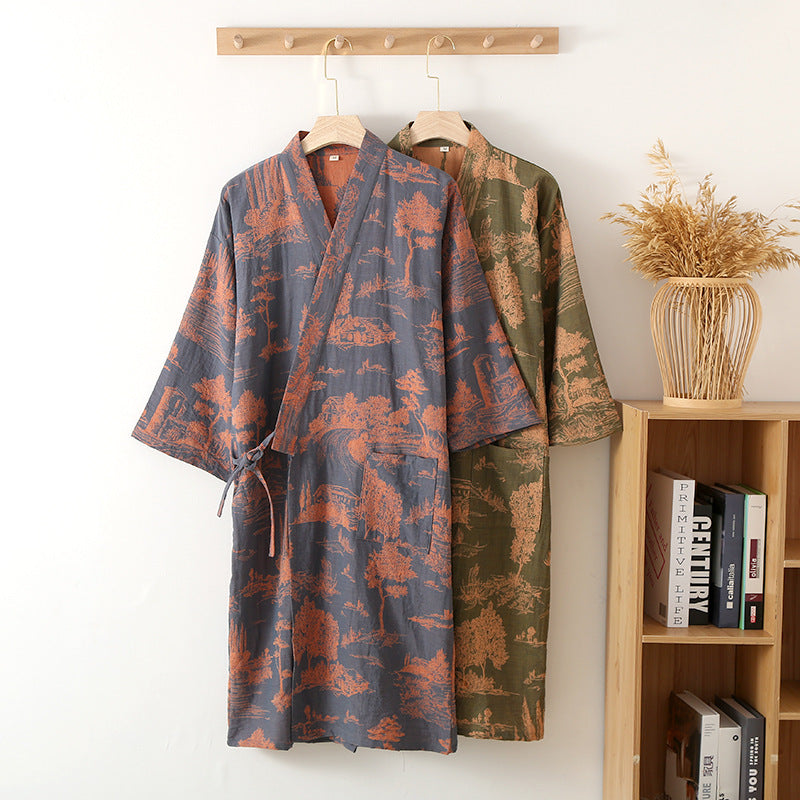 Cotton bathrobe – Lightweight kimono style – Dark blue or light green – Ideal for lounging and relaxation 2