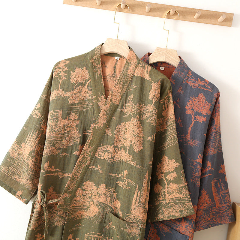 Cotton bathrobe – Lightweight kimono style – Dark blue or light green – Ideal for lounging and relaxation 4