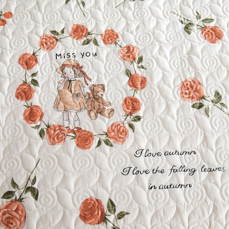 Cotton bedding set – Quilted – Autumn-inspired design – Lightweight 3-piece set for queen or king beds 3