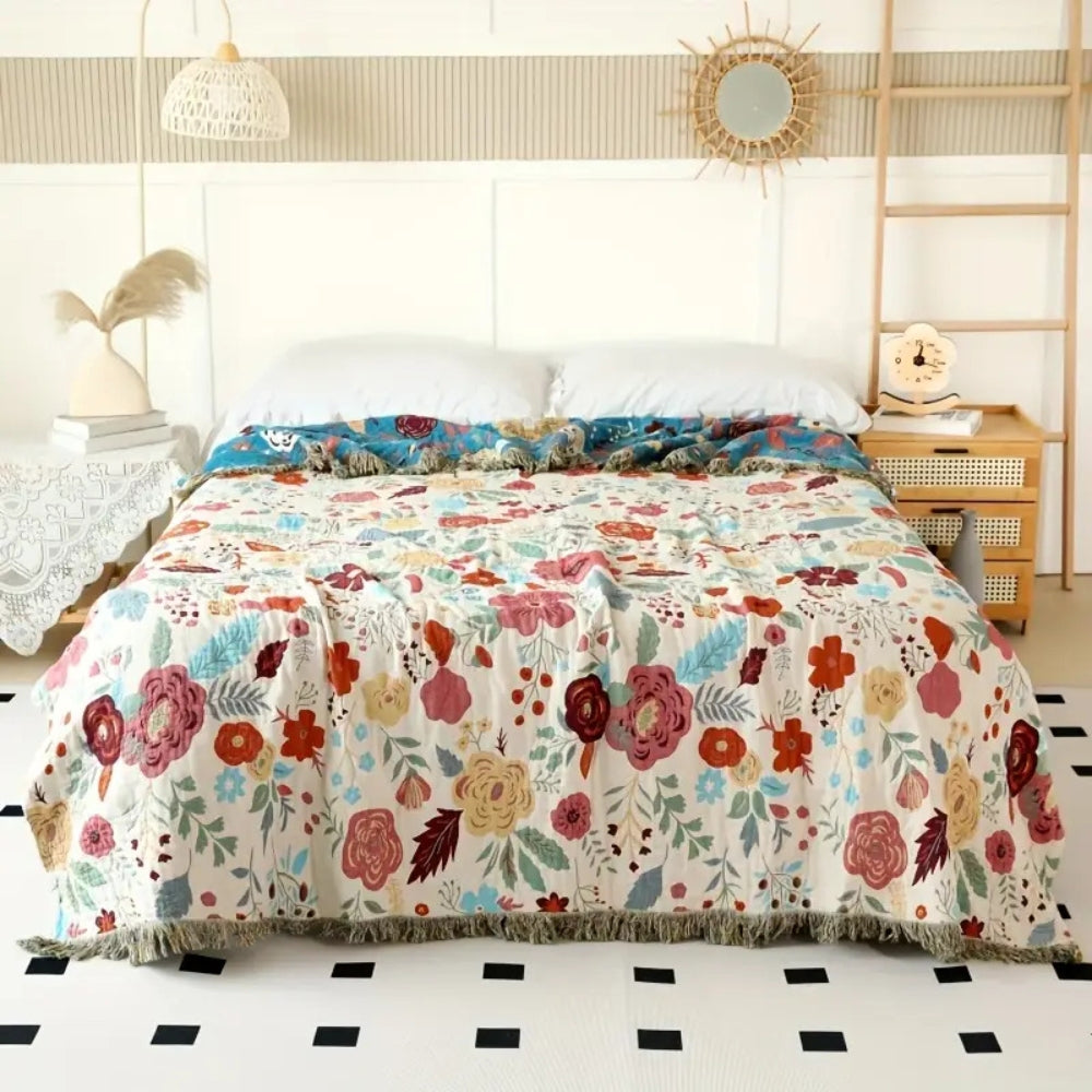 Cotton blanket – Reversible floral design – Bohemian style – Cozy bedspread or throw – 78.7 x 90.6 in 0