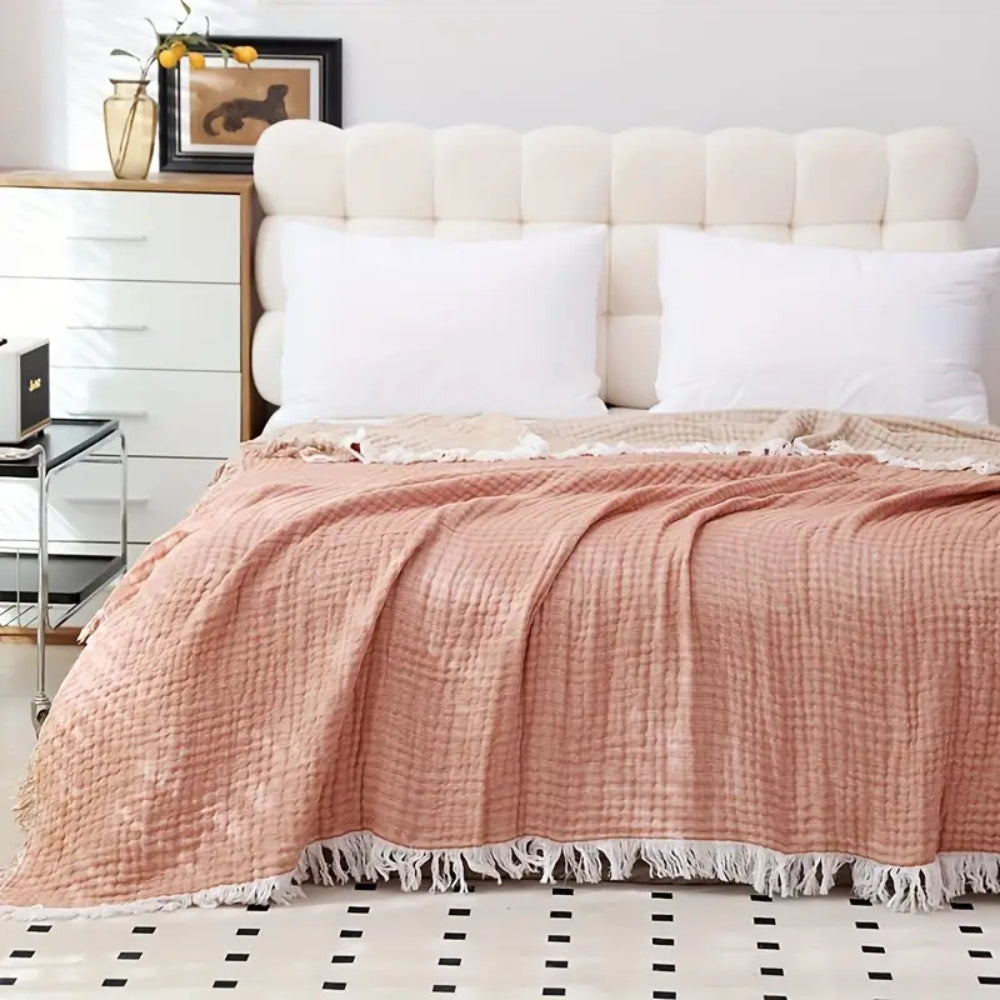 Cotton gauze blanket – Soft-washed fabric – Lightweight summer throw – Elegant fringe design – Cozy home accessory 0