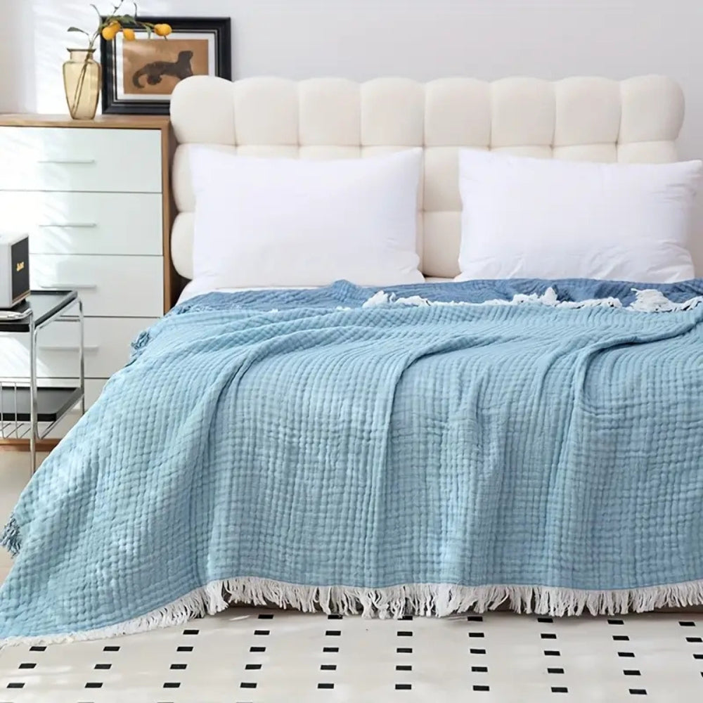 Cotton gauze blanket – Soft-washed fabric – Lightweight summer throw – Elegant fringe design – Cozy home accessory 1