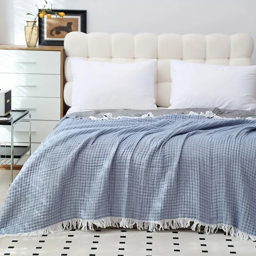 Cotton gauze blanket – Soft-washed fabric – Lightweight summer throw – Elegant fringe design – Cozy home accessory 2