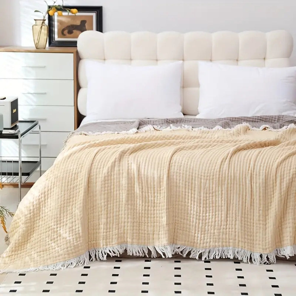 Cotton gauze blanket – Soft-washed fabric – Lightweight summer throw – Elegant fringe design – Cozy home accessory 3