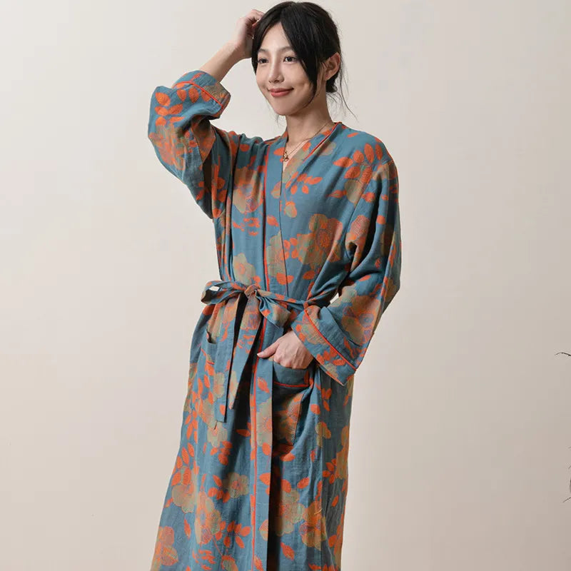 Cotton gauze kimono bathrobe – Lightweight and cozy – Floral print – One size fits S–L 0