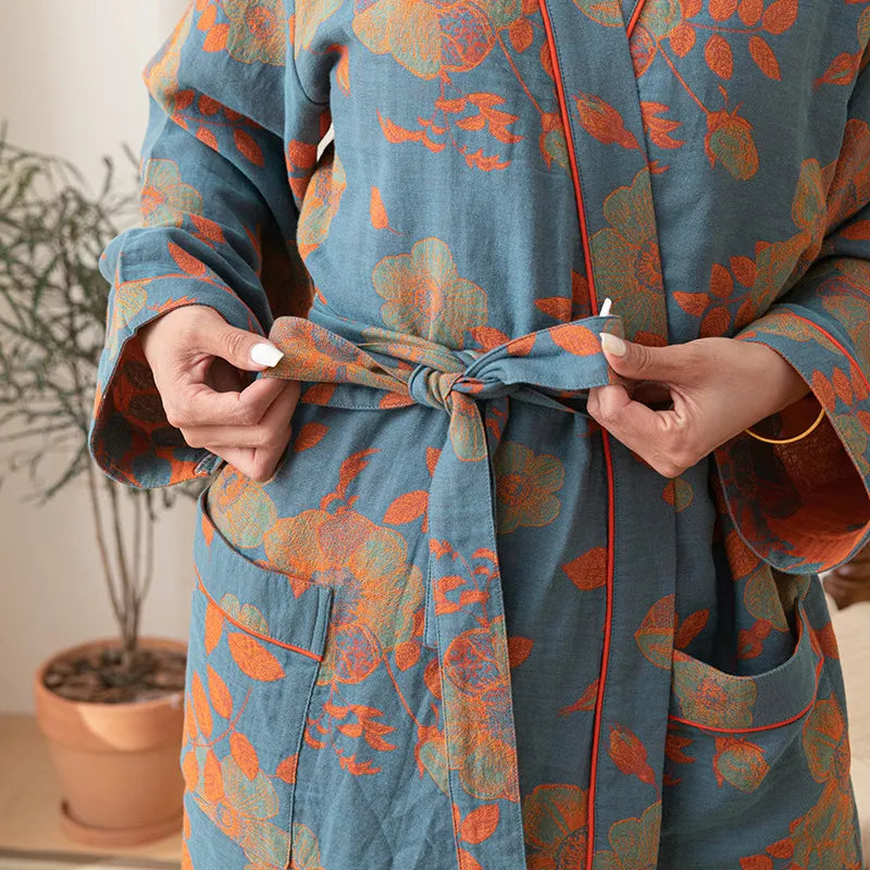 Cotton gauze kimono bathrobe – Lightweight and cozy – Floral print – One size fits S–L 2