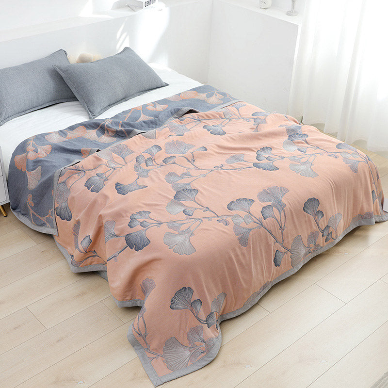 Cotton gauze quilt – Reversible Ginkgo leaf design – Eco-friendly summer blanket – Lightweight and breathable 8