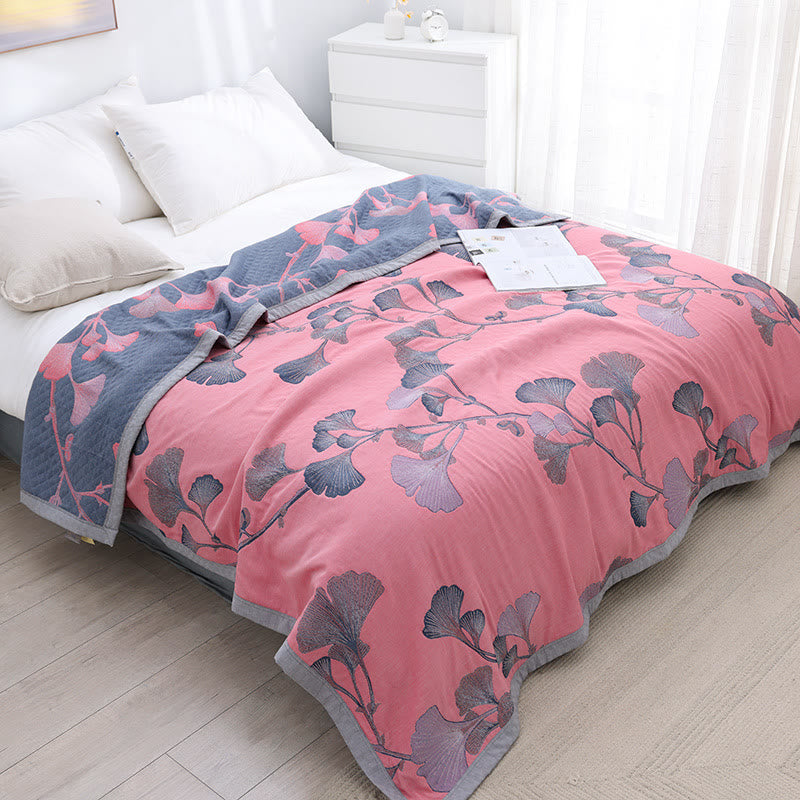 Cotton gauze quilt – Reversible Ginkgo leaf design – Eco-friendly summer blanket – Lightweight and breathable 9