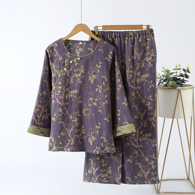 Cotton loungewear set – Jacquard floral print – Soft and breathable – Womens lounge sets for indoor and outdoor relaxation 0