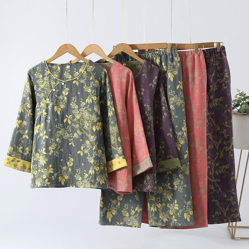 Cotton loungewear set – Jacquard floral print – Soft and breathable – Womens lounge sets for indoor and outdoor relaxation 1