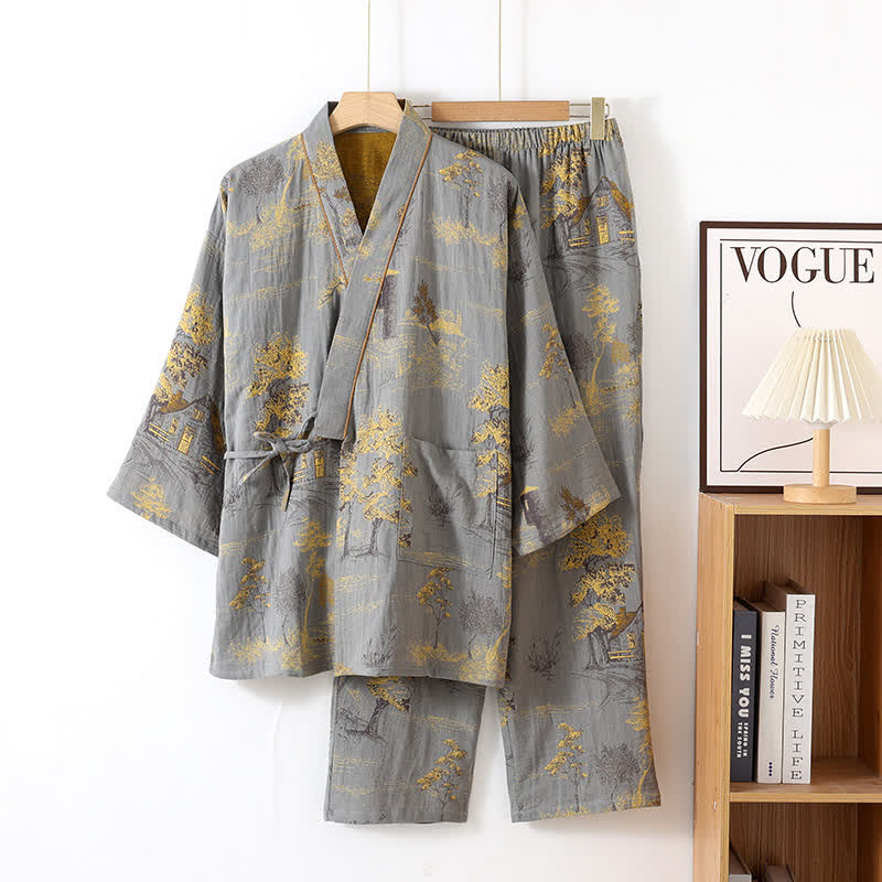 Cotton pajama set – Soft breathable fabric – Neutral landscape print – Comfortable kimono style for women 0