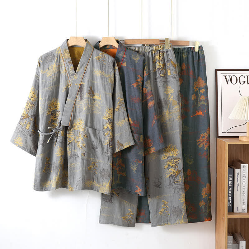 Cotton pajama set – Soft breathable fabric – Neutral landscape print – Comfortable kimono style for women 1