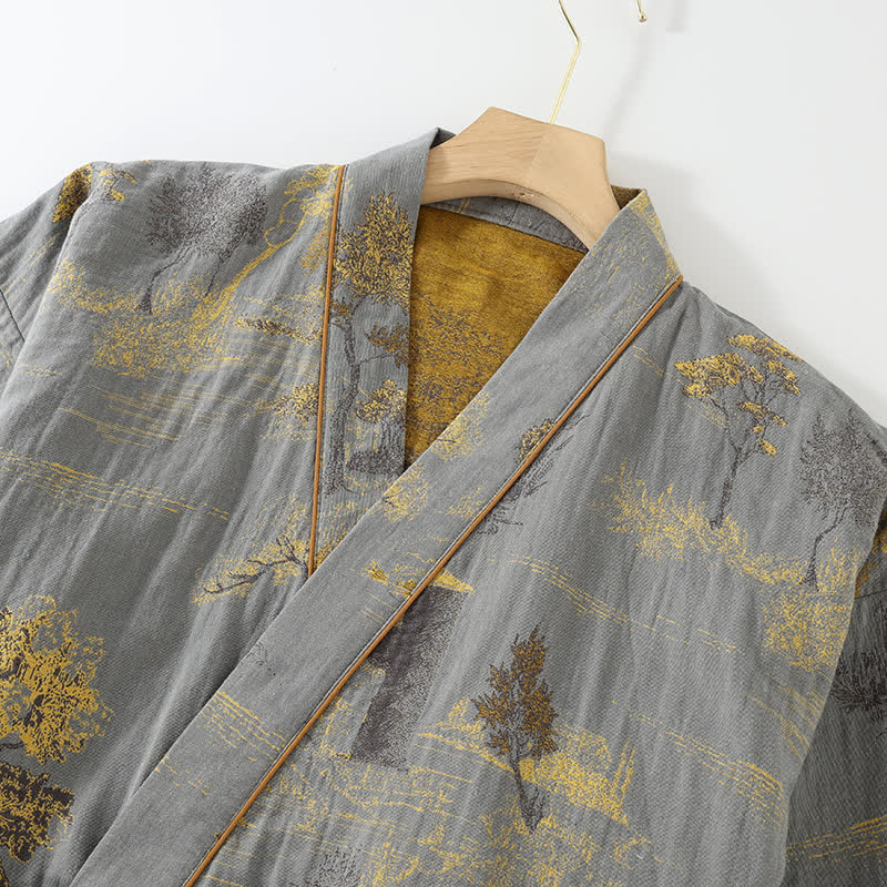 Cotton pajama set – Soft breathable fabric – Neutral landscape print – Comfortable kimono style for women 3
