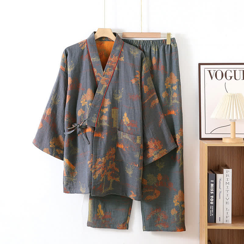 Cotton pajama set – Soft breathable fabric – Neutral landscape print – Comfortable kimono style for women 9