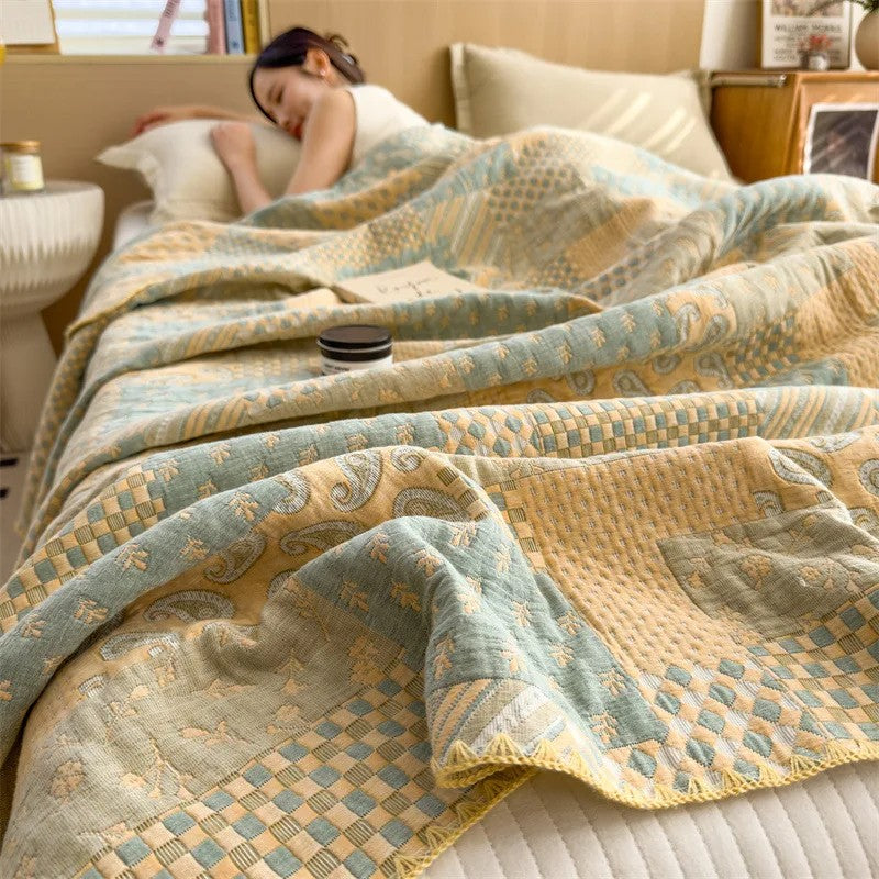 Cotton quilt – Breathable jacquard – Vintage check and paisley patterns – Lightweight summer throw blanket – 60 x 80 0
