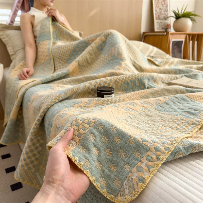 Cotton quilt – Breathable jacquard – Vintage check and paisley patterns – Lightweight summer throw blanket – 60 x 80 1