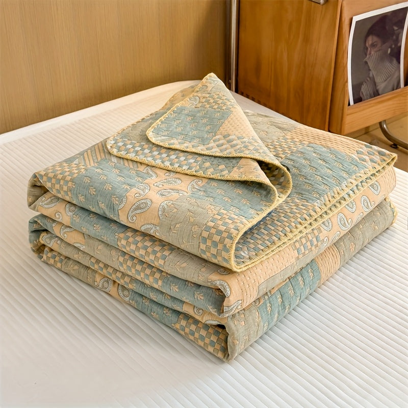 Cotton quilt – Breathable jacquard – Vintage check and paisley patterns – Lightweight summer throw blanket – 60 x 80 5