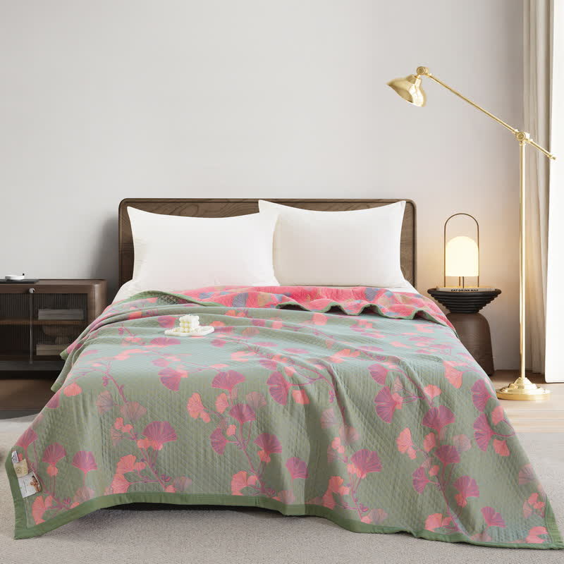 Cotton quilt – Orange ginkgo leaf pattern – Reversible design – Soft and breathable bedding – King size 10
