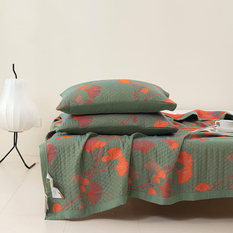 Cotton quilt – Orange ginkgo leaf pattern – Reversible design – Soft and breathable bedding – King size 5
