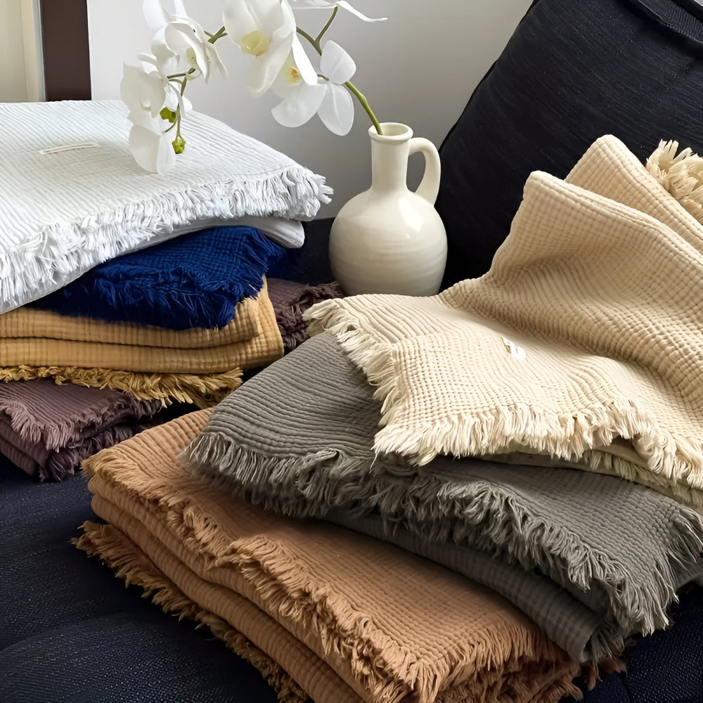 Cotton throw blanket – Lightweight crinkle texture – Tassel trim – Perfect for summer nights 1