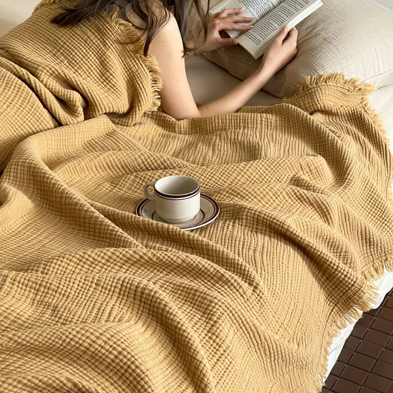 Cotton throw blanket – Lightweight crinkle texture – Tassel trim – Perfect for summer nights 2
