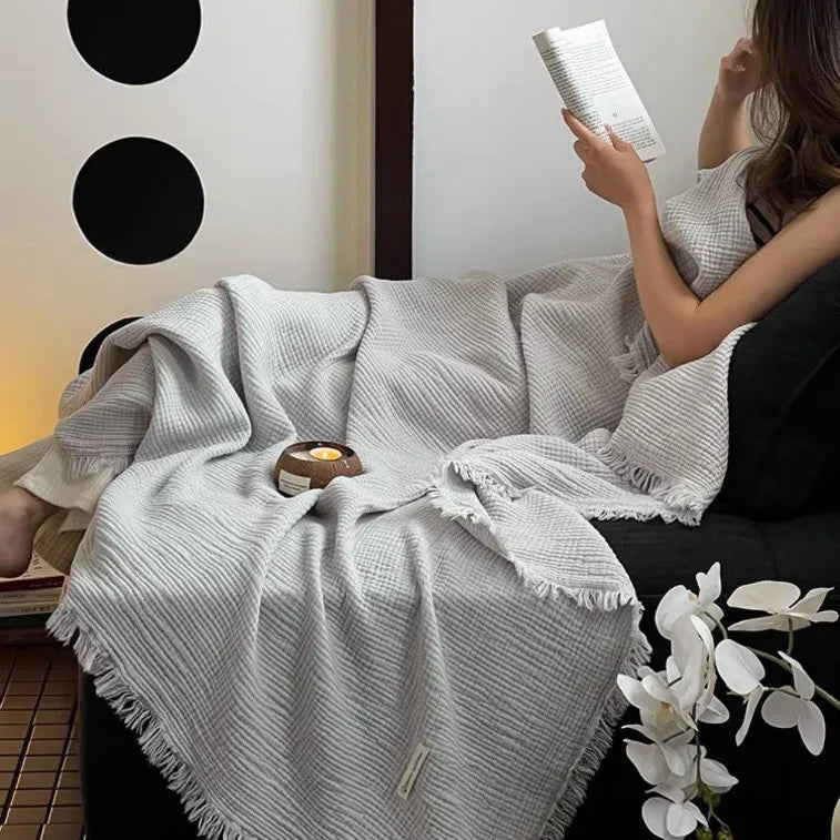Cotton throw blanket – Lightweight crinkle texture – Tassel trim – Perfect for summer nights 4