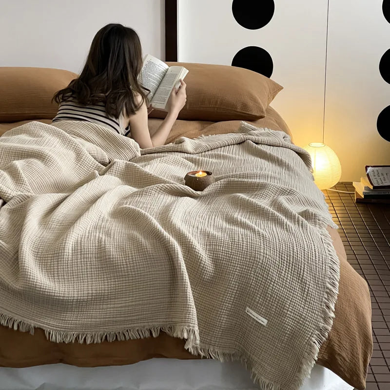Cotton throw blanket – Lightweight crinkle texture – Tassel trim – Perfect for summer nights 7