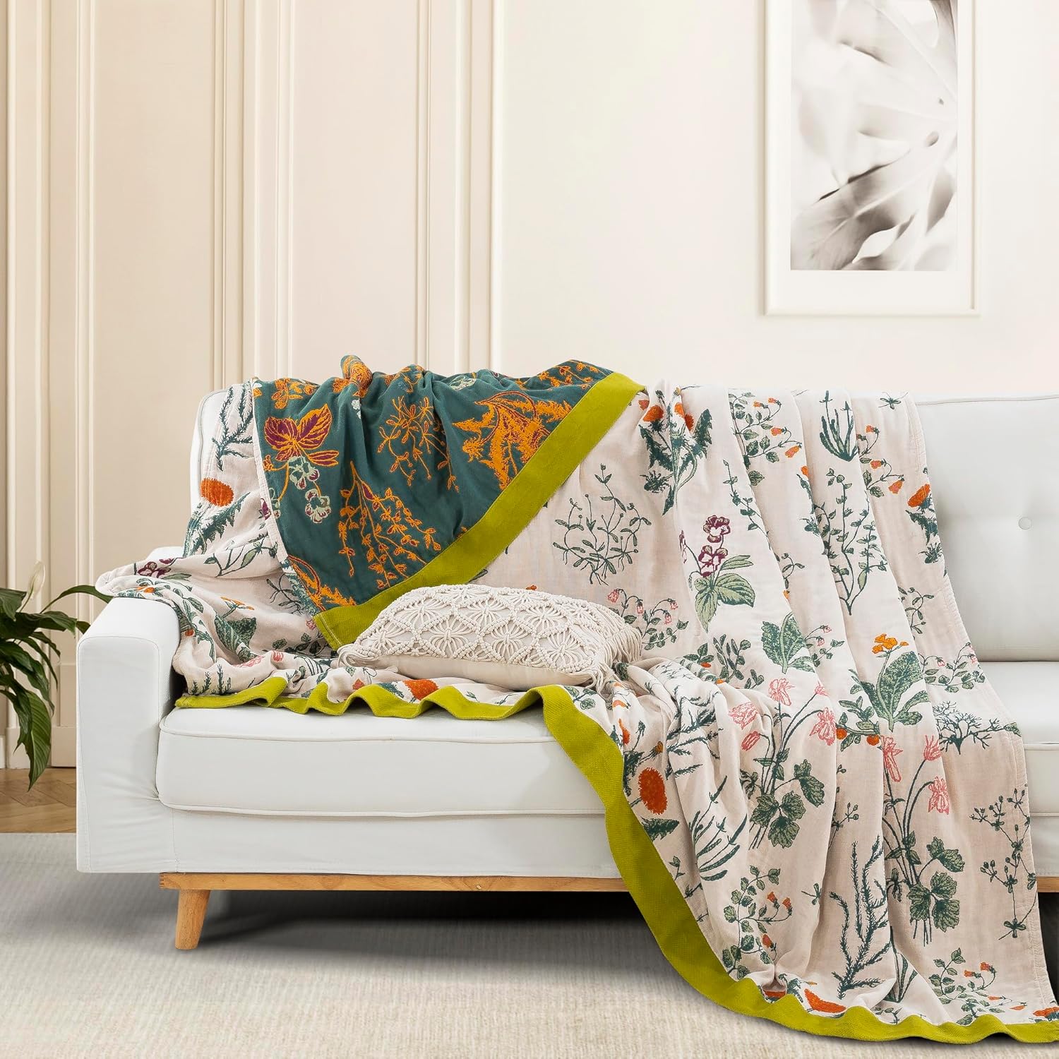 Cotton throw blanket – Reversible floral design – Soft and breathable – Ideal for couch or bed 0