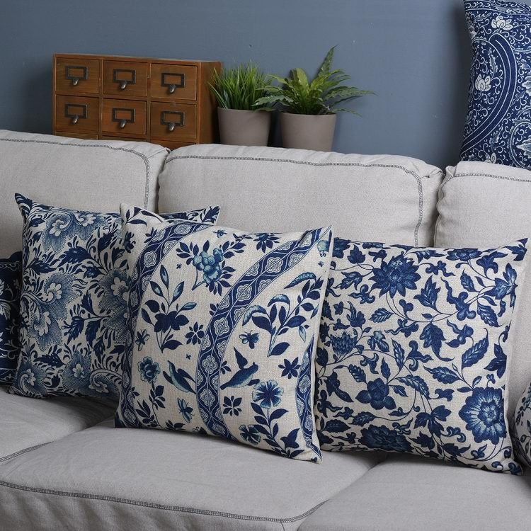 Couch cushion cover – Linen-cotton blend – Imperial blue – Traditional Chinese porcelain pattern – 17.7 x 17.7 in 7