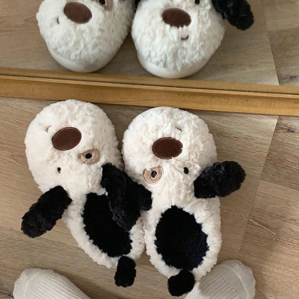Fluffy women's slippers in cozy Dalmatian print, designed for indoor comfort. Made with soft, plush material in black and white, featuring a classic 2