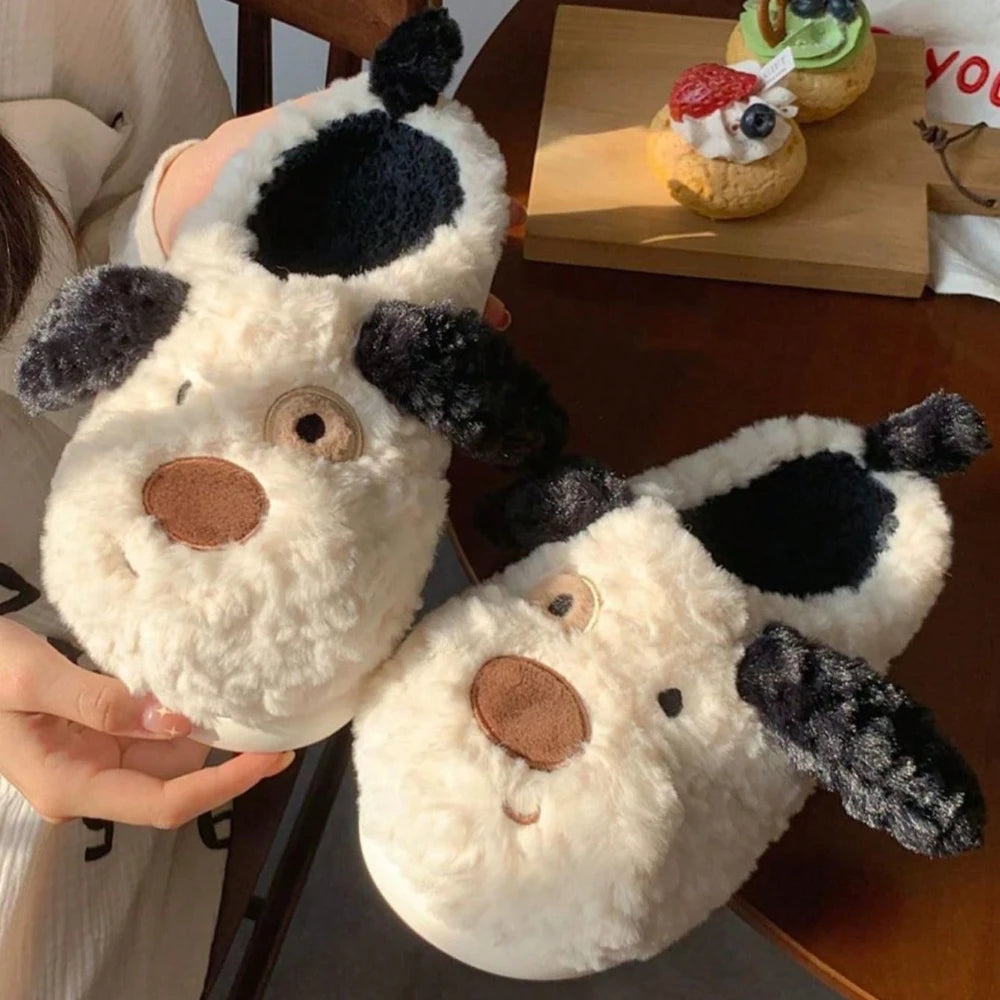 Cozy women's slippers featuring a fluffy dalmatian print, designed for indoor comfort. Made from soft, plush materials, these stylish slippers provide warmth and 3