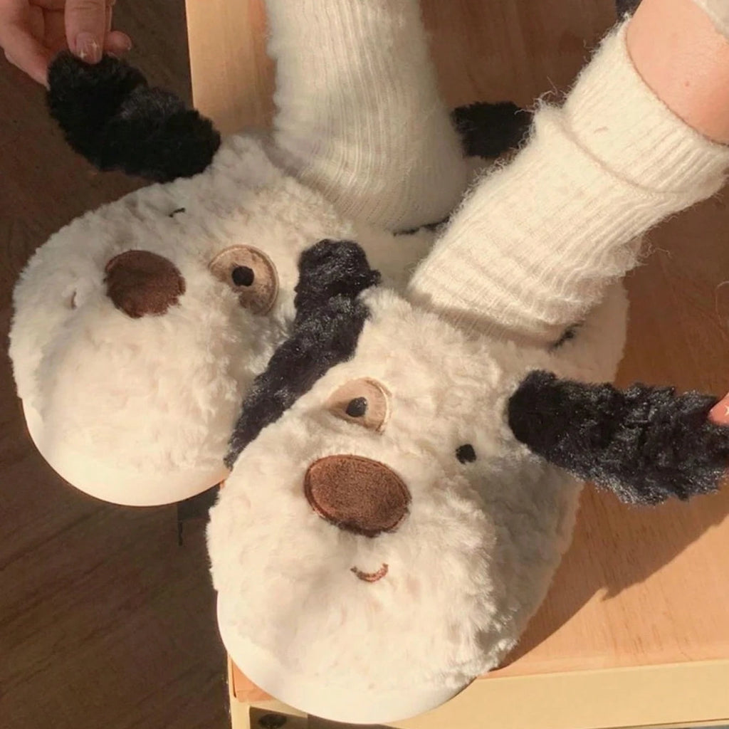 Cozy women's slippers featuring a fluffy Dalmatian print design, perfect for indoor comfort. Made with soft materials in black and white, these stylish slippers 5