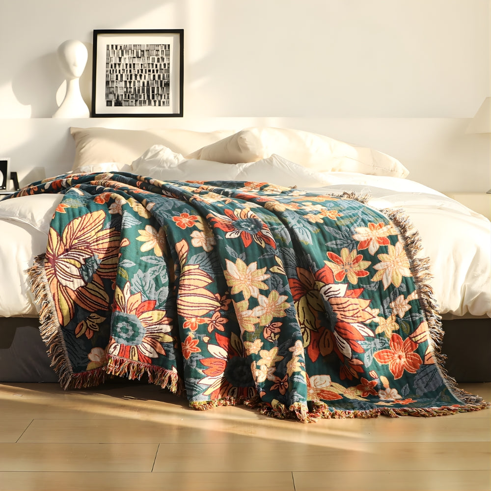 Cozy Floral Cotton Throw Blanket with Decorative Tassels for Everyday Use 0