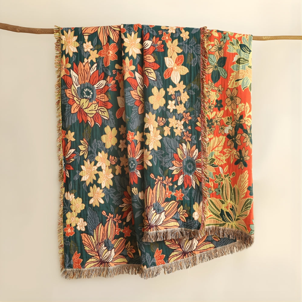 Cozy Floral Cotton Throw Blanket with Decorative Tassels for Everyday Use 3