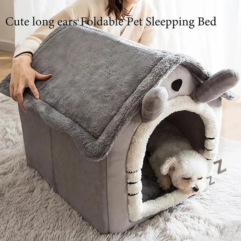 Cozy indoor dog house featuring a soft flannelette exterior, with a removable cushion for comfort. The bed is in a calming gray color, designed 1