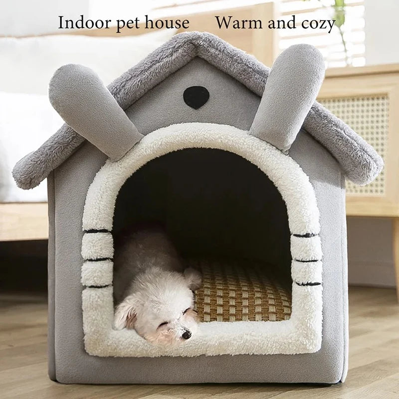Cozy indoor dog house featuring a soft flannelette construction, complete with a removable cushion for comfort. The neutral beige color blends seamlessly with home decor 2