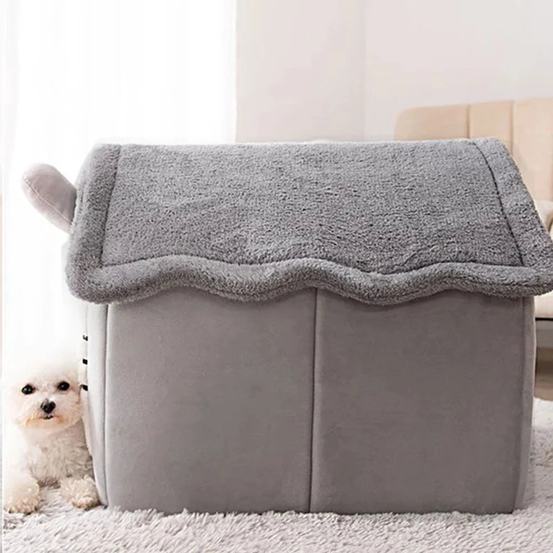 Cozy indoor dog house featuring a removable cushion, crafted from soft flannelette fabric. The bed is in a warm beige color, providing comfort and 3