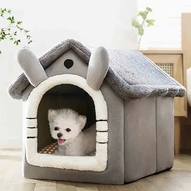 Cozy indoor dog house featuring a soft flannelette exterior and a removable cushion. Designed in a warm beige color, this stylish pet bed provides comfort 4