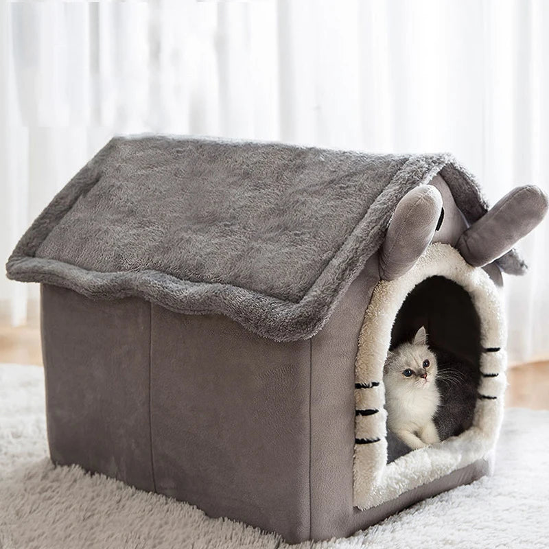 Cozy indoor dog house in soft flannelette fabric, featuring a removable cushion for comfort. The house is a warm beige color, with a simple 5